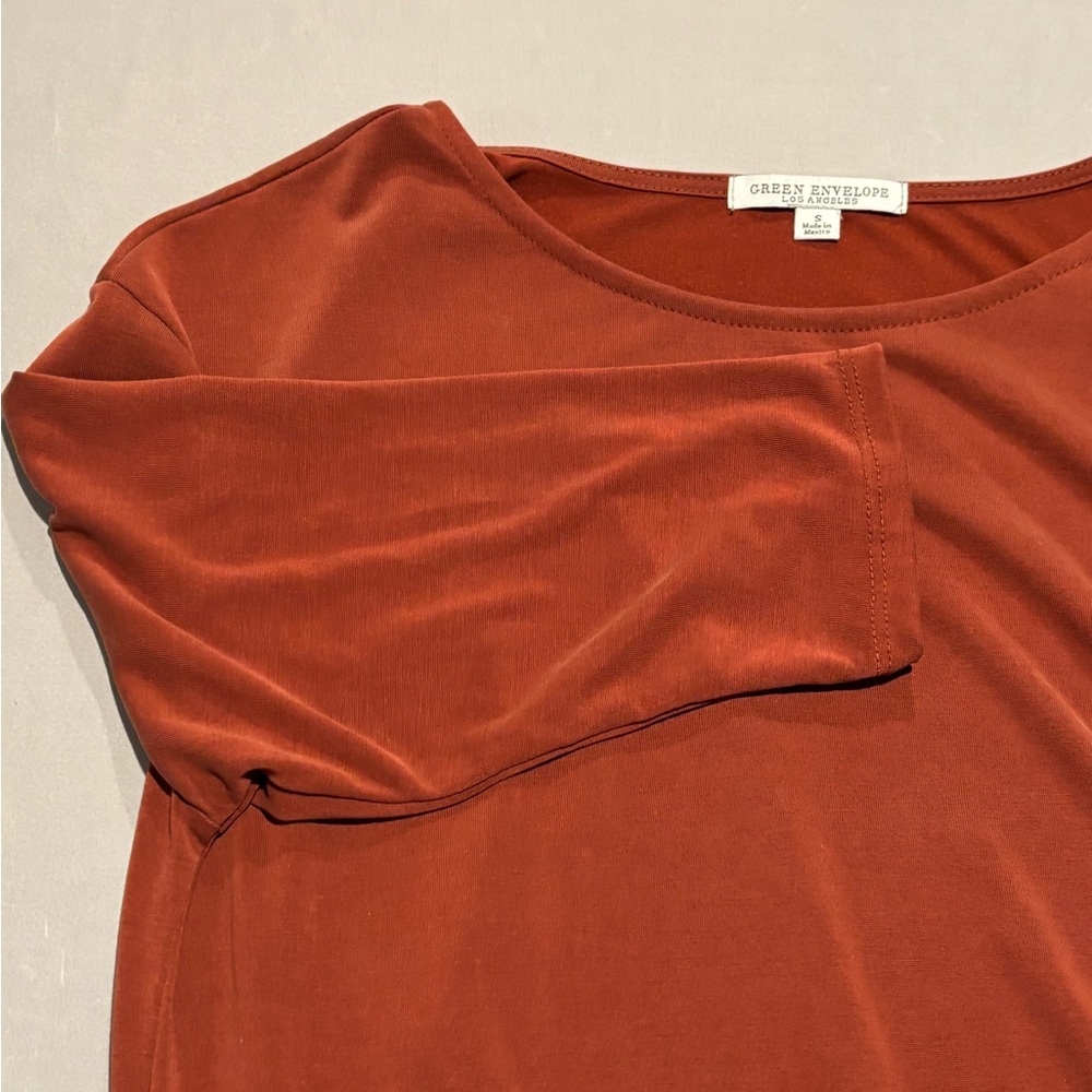 Green Envelope Los Angeles Top Small Rust Orange Ruched Side Tie 3/4 Sleeve Boho